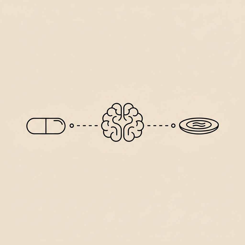 Minimal Tonum-style line illustration of a taurine capsule, stylized brain icon, and small plate with simple food lines on beige background #F2E5D5 suggesting cognition and appetite.