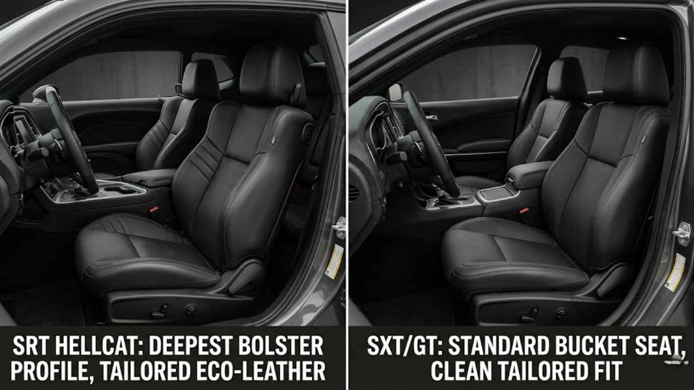 Comparison of Hellcat deep bolsters and SXT bucket seats showing tailored eco-leather seat cover fit options by trim.