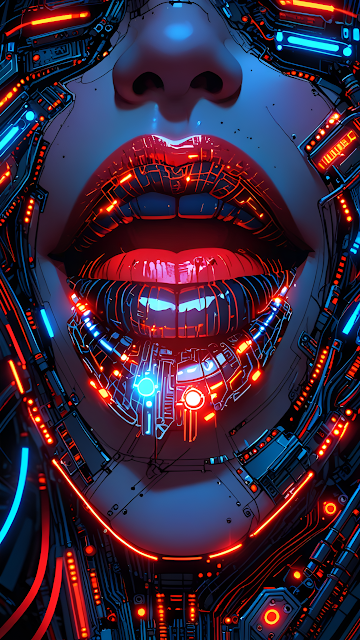 Glowing Cybernetic Lips with Neon Circuitry Patterns - Free mobile Wallpaper