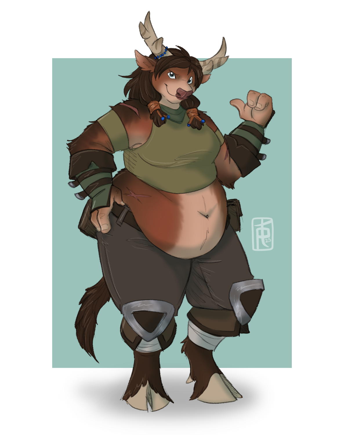 An adventurous-looking chubby anthro cow