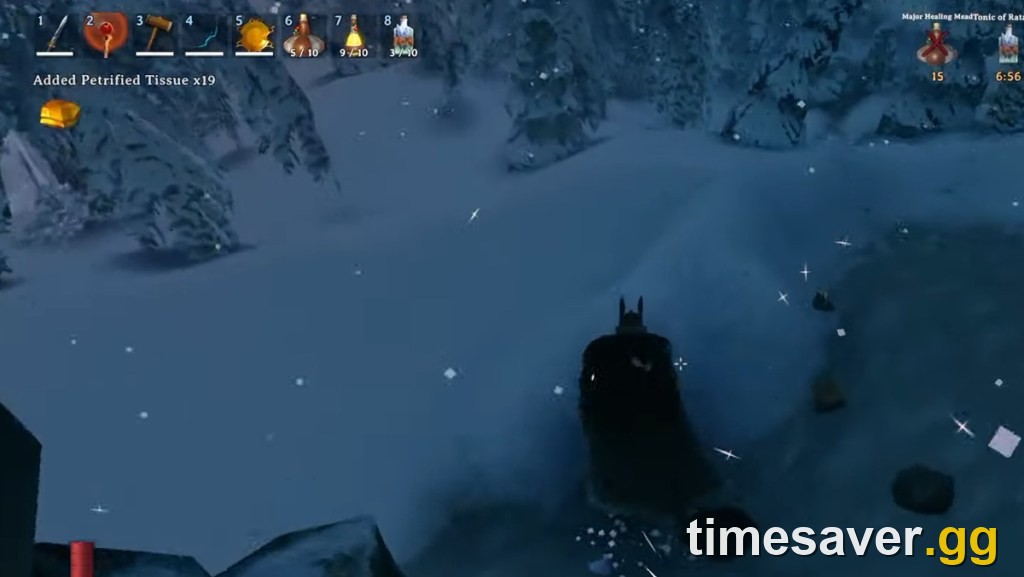 Valheim HUD showing Petrified Tissue being added to the inventory after breaking a petrified Gammeltroll