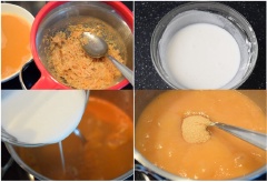 Cho đầu tôm và cá cơm khô cho vào nồi cùng 400ml nước. Đun sôi, hạ lửa nhỏ ninh 30 phút. Dùng máy xay cầm tay để xay nhuyễn hỗn hợp cá cơm và đầu tôm. Sau đó lọc qua rây lấy nước trong đổ lại nồi, đun sôi. Pha hỗn hợp 3 muỗng canh bột nếp và 3 muỗng canh nước. Đổ từ từ vào nồi đang sôi, hỗn hợp sánh lại giống cháo cho trẻ em là được. Cho tiếp đường nâu vào, khuấy đều cho tan hết. Tắt bếp, để nguội.