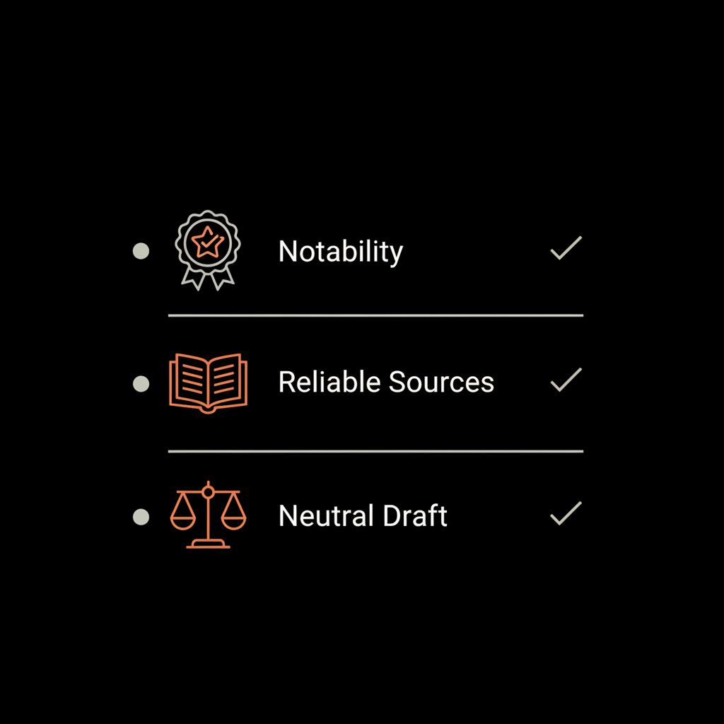 Minimal checklist infographic showing Notability, Reliable Sources, Neutral Draft to help get listed on Wikipedia, clean layout in Social Success Hub brand colors.