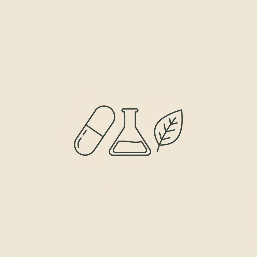 Tonum-style minimalist vector line illustration of a capsule, lab beaker, and leaf on beige background — visual for what is the oral alternative to Ozempic?