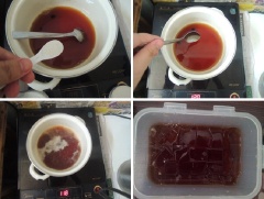Đổ thạch, thêm đường, thêm nước trà đã để nguội vào nồi đun. Vừa điều chỉnh nhiệt độ bếp, vừa dùng thìa khuấy đều đến khi sôi thì tắt bếp. Đổ trà ra khay để nguội một lúc rồi cho vào tủ lạnh.
