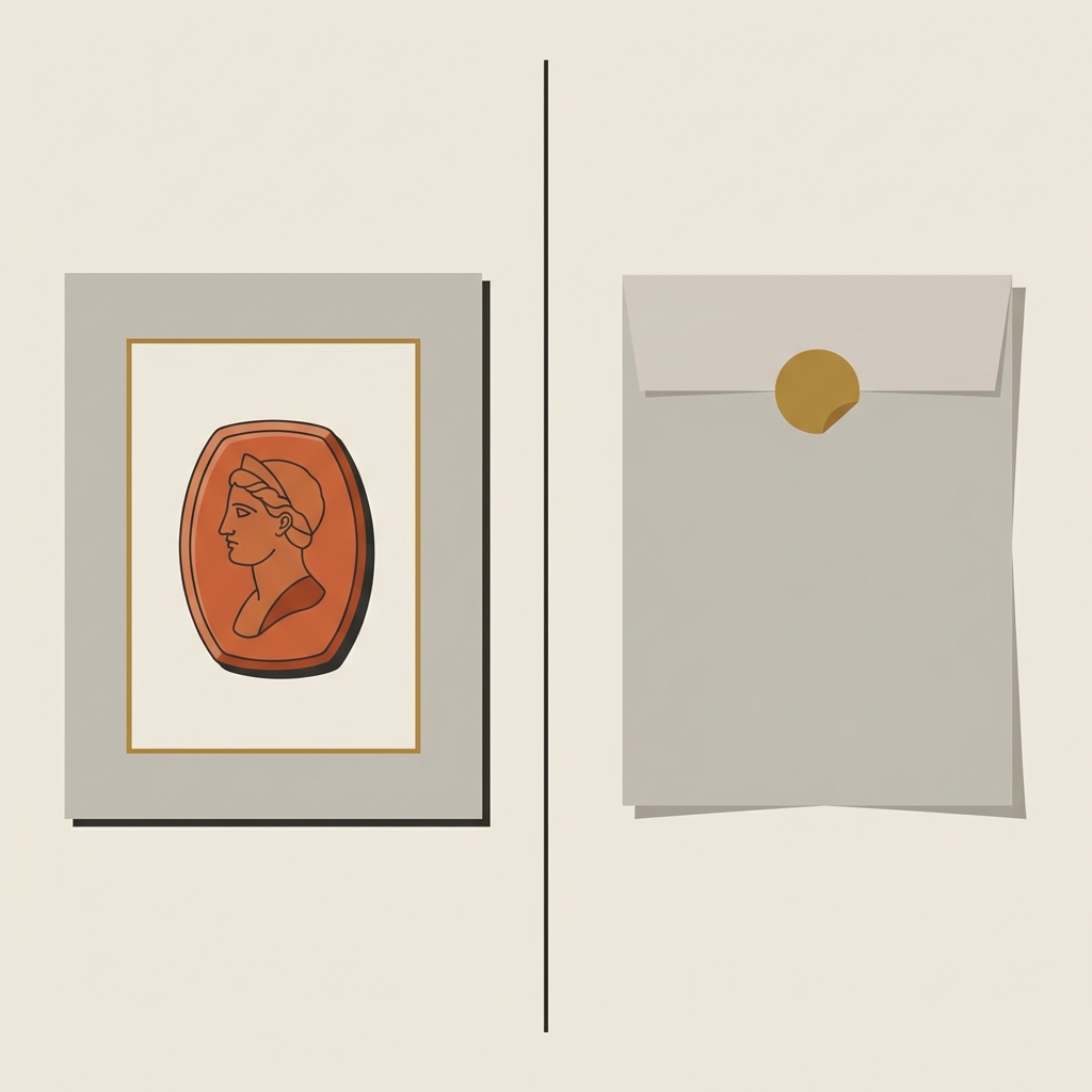 Minimalist 2D vector comparison showing a roman carnelian intaglio in a museum catalog style display opposite a marketplace listing photo illustrating visual differences