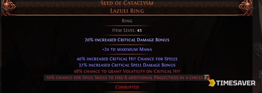 A Corrupted ring in PoE2 — the red "Corrupted" tag and corruption-only modifiers (extra projectiles, Volatility) are exactly the outcomes an Architect's Orb can stack a second time.