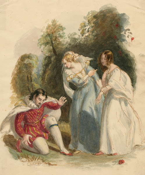 Two women and a man in Elizabethan dress