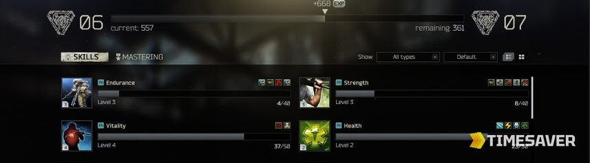 Tarkov skills screen showing Endurance, Strength, Vitality and Health leveling progress