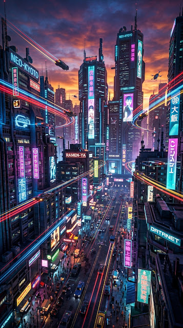 Futuristic Cyberpunk Cityscape at Dusk with Neon Lights - Free mobile Wallpaper