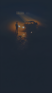 Cinematic Noir Scene Man Car Headlights Foggy Night Mystery