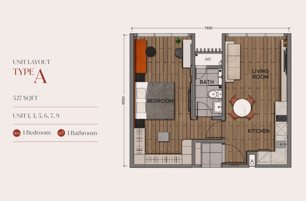 Aurum Business Centre (Suites) Type A floor plan — 603 sq ft, 1 bedrooms