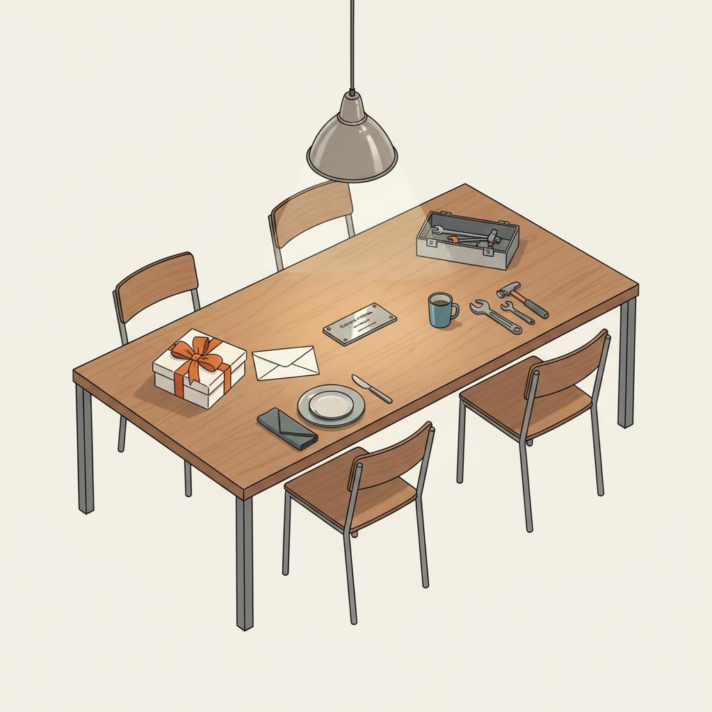 Minimalistische 2D-Vektorillustration eines warm beleuchteten Esstischs mit Werkbank-Charme, Geschenkbox, Gutscheinen und Metallwerkzeug – geschenkideen für 30-jährige männer