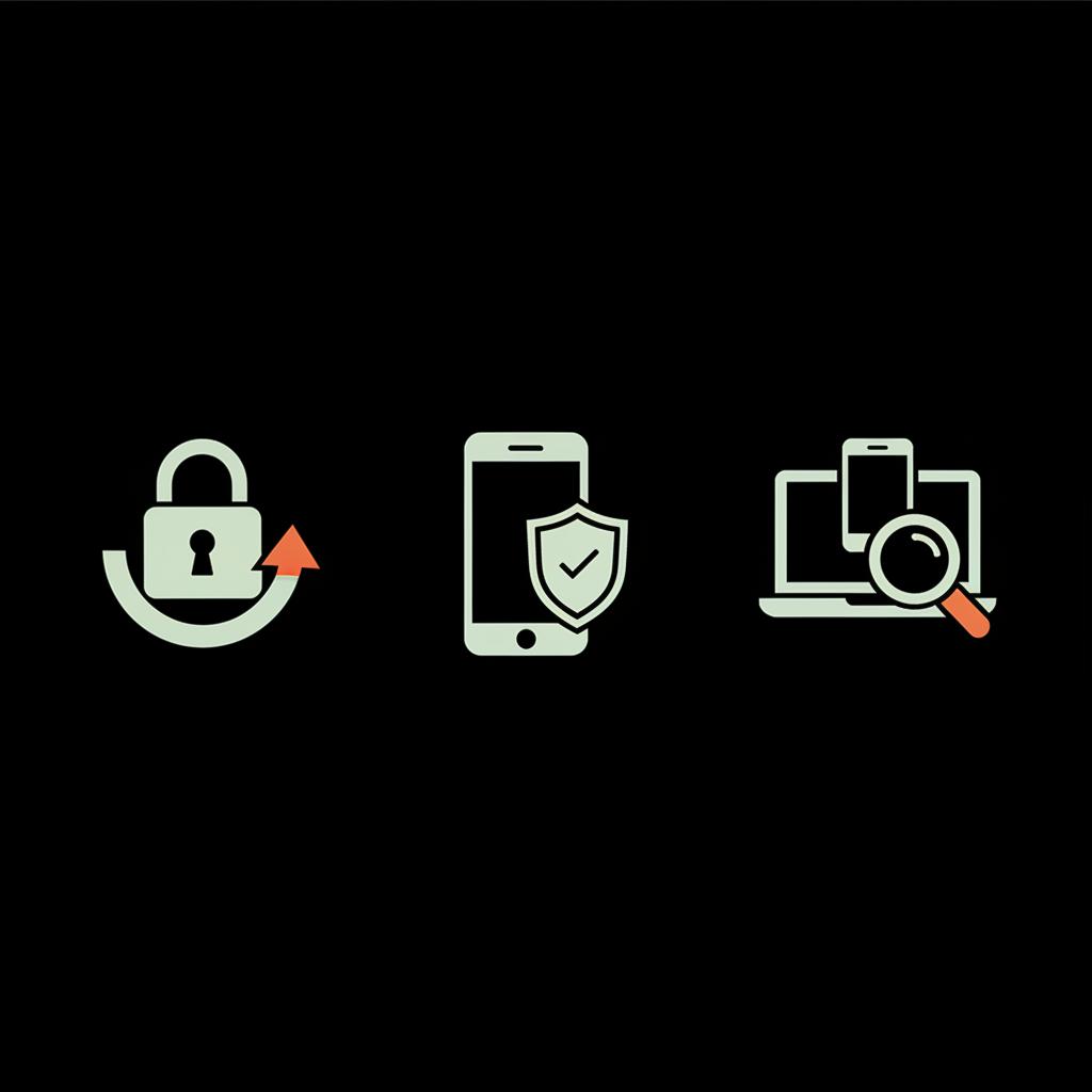 Minimal vector infographic of a post-recovery security checklist showing icons for change password, enable 2FA, and review sessions on black background for facebook password reset