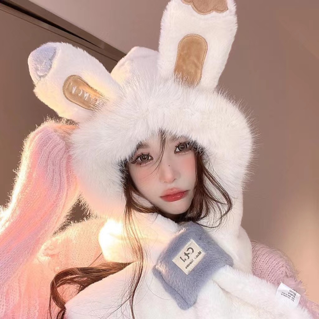 Plush hat with rabbit ears and scarf, women, winter