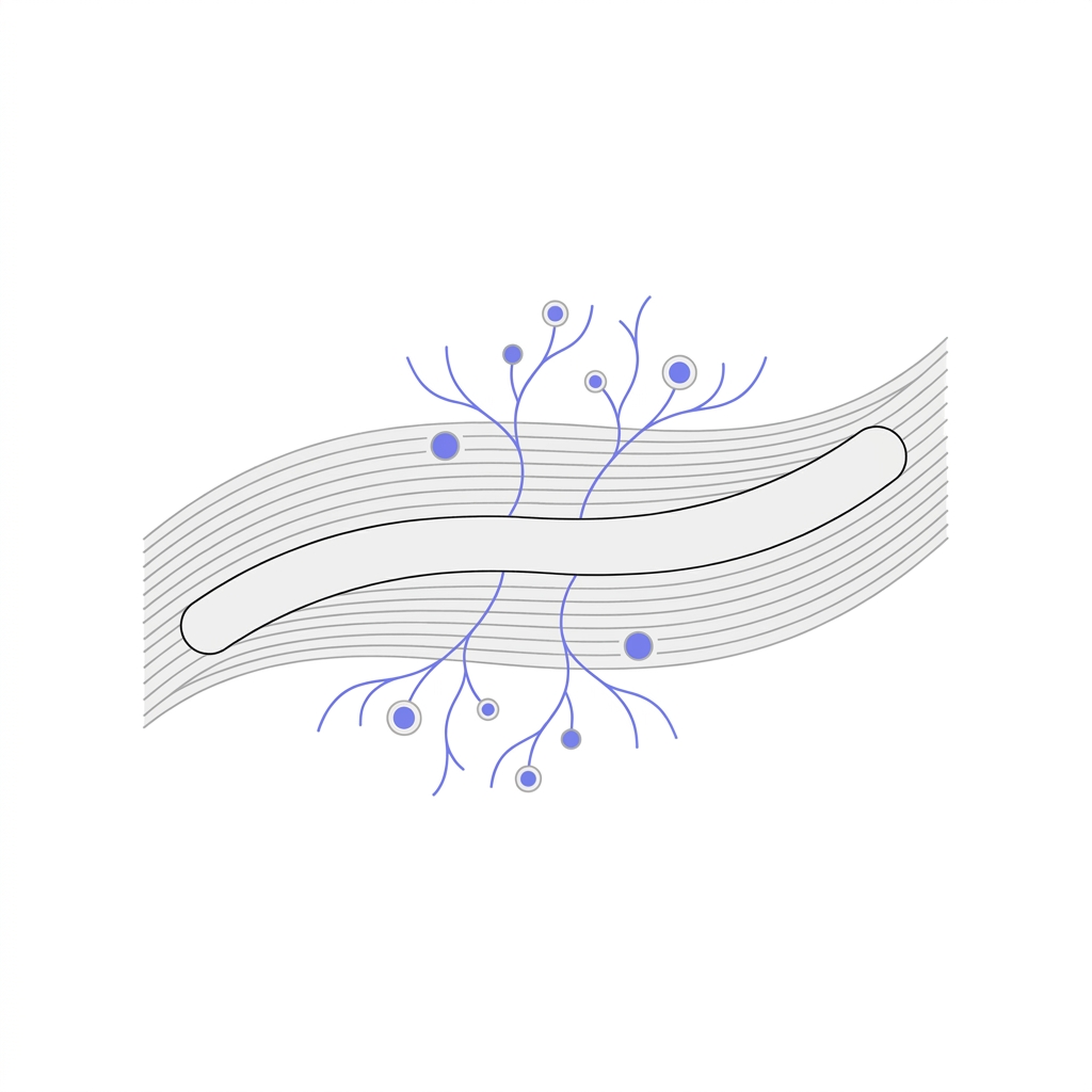 Minimalist 2D vector of tendon repair showing organized collagen fibers and sprouting capillaries in accent color reflecting angiogenesis related to bpc 157 peptide