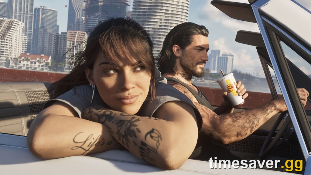 GTA 6 protagonists Jason and Lucia cruising through Vice City in a convertible with the skyline behind them, the kind of drive where the radio does the talking