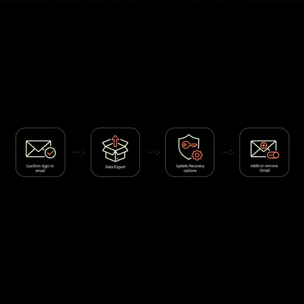 Google Account vs Gmail infographic: four-step 2D vector icons showing check sign-in email, export/download, update recovery options, and add or remove Gmail.