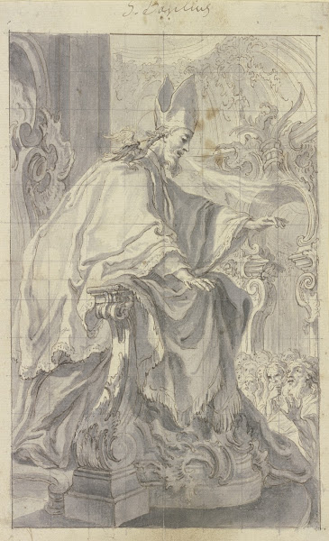 Der Heilige Basilius predigt von einer links vorne stehenden Kanzel zu einer Vol