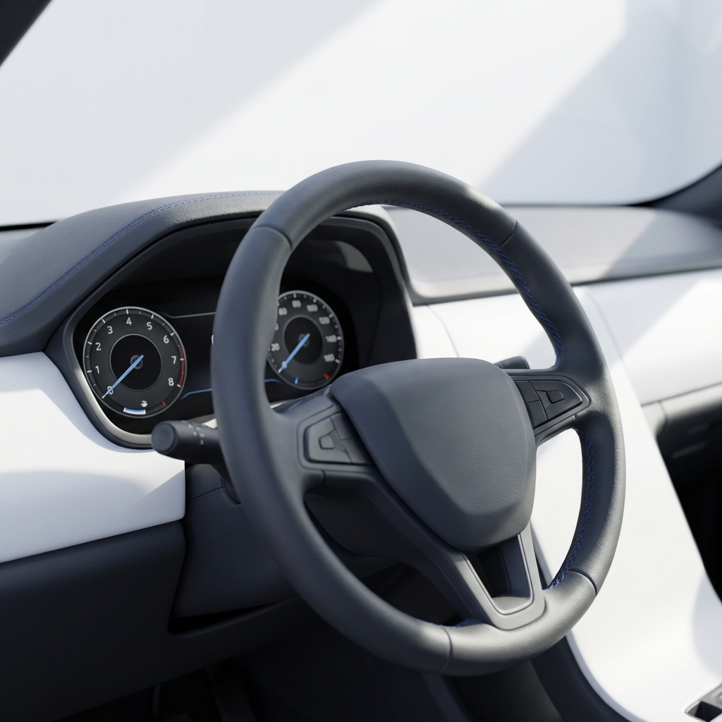 Close up car dashboard and steering wheel at bmw car dealership showing instrument cluster and comfort controls minimalist white background and subtle blue brand accents