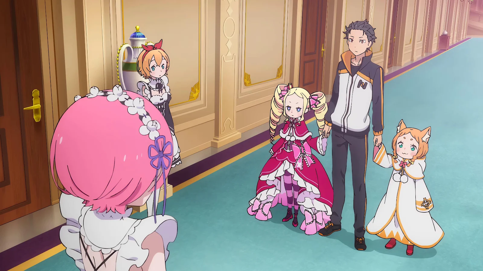 Re:Zero Characters In Hallway - Anime Screenshot 4K Wallpaper (3840x2160)