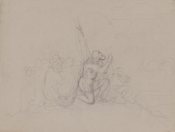 Eine Schar kniend Betender der vordere ein Krieger mit Banner