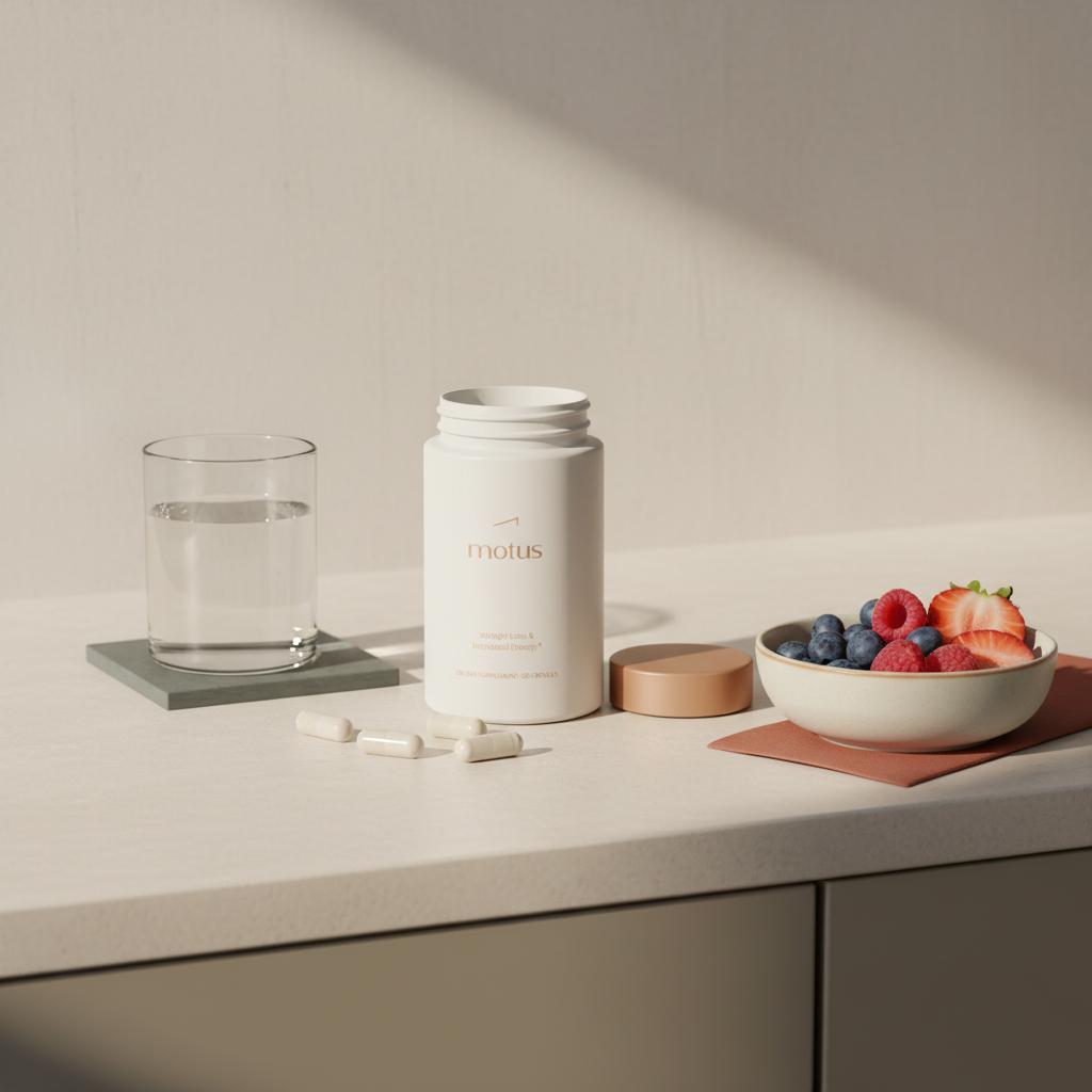 Motus Tonum supplement bottle with open cap and capsules beside a glass of water and bowl of mixed berries on a minimalist counter, soft morning light — berberine