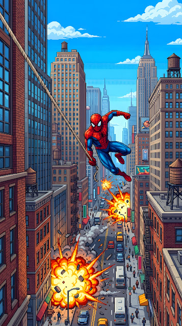 Dynamic Pixel Art Illustration of a Masked Superhero Swinging Through NYC - Free mobile Wallpaper