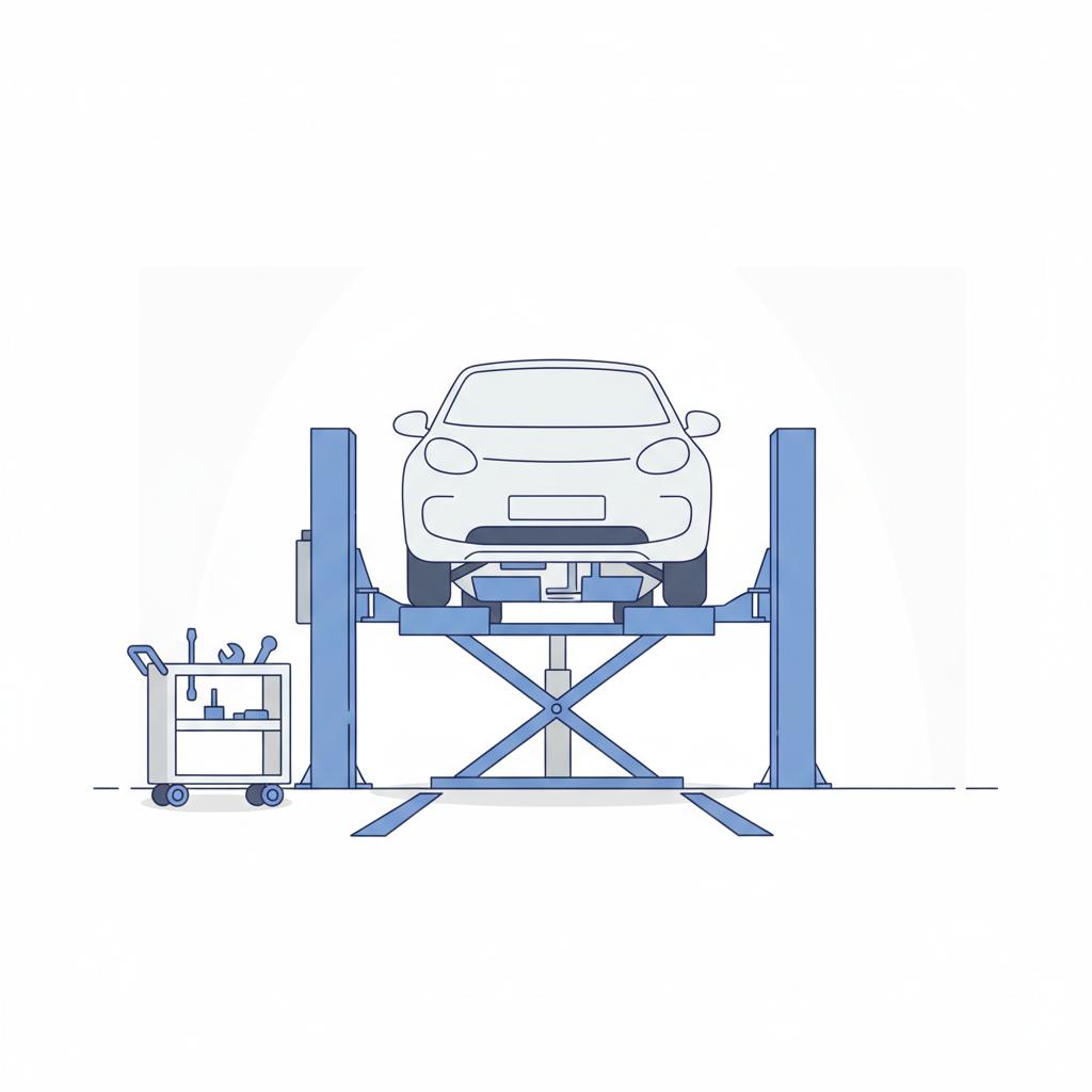 Minimalist 2D vector of a car on a lift showing visible undercarriage and blue accent tools in a clean garage How can I look up the value of my vehicle
