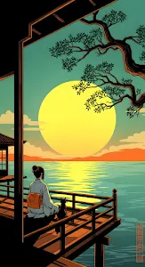 Japanese Kimono Woman and Cat Watching Giant Sunset