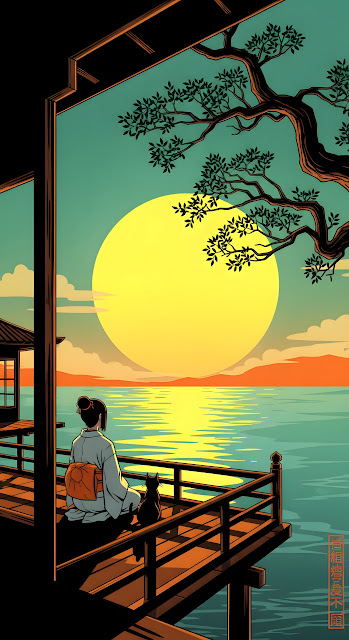 Japanese Kimono Woman and Cat Watching Giant Sunset - Free mobile Wallpaper
