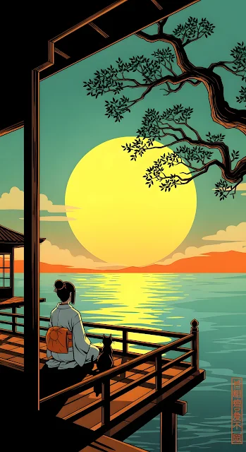 Japanese Kimono Woman and Cat Watching Giant Sunset