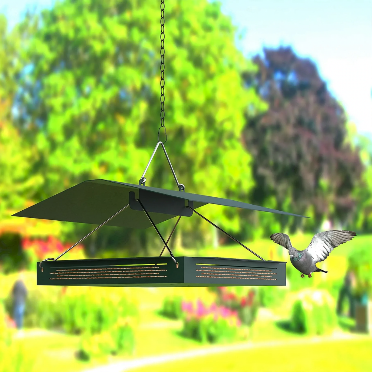Hanging bird feeder with tray