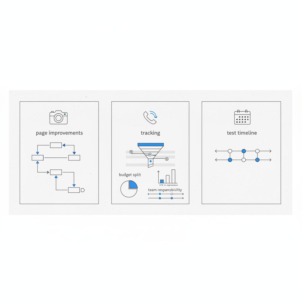 Minimal 2D vector planner page with workflow sketches for Yelp ad pricing: camera icon for page improvements, phone icon for tracking, calendar timeline and small budget charts.