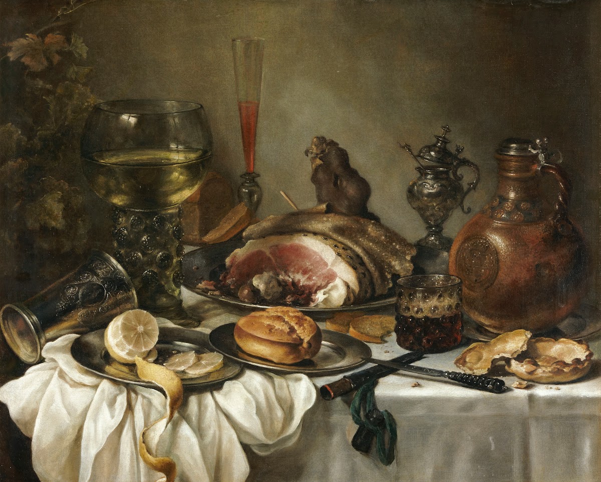 Still Life Of A Roemer An Earthenware Jug An Overturned Silver Beaker A Ham And