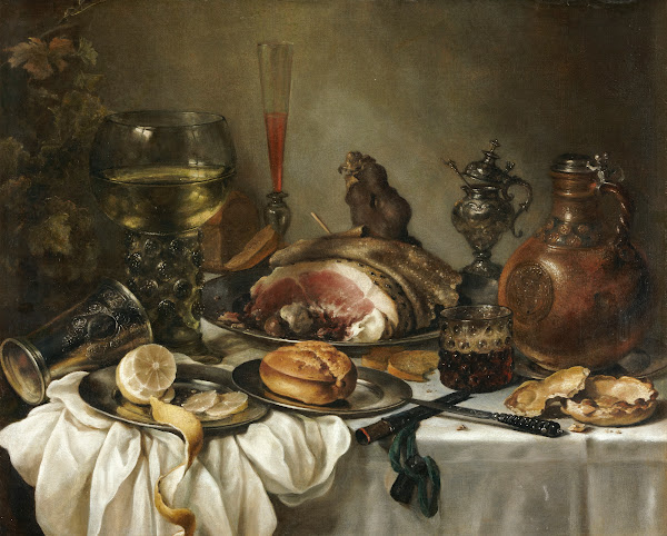 Still Life Of A Roemer An Earthenware Jug An Overturned Silver Beaker A Ham And