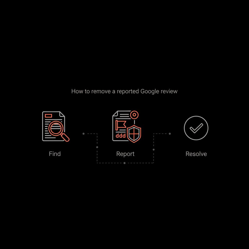 Minimal full-frame infographic with three vector icons and brief steps to remove a reported Google review on a black background with light text and orange accents.