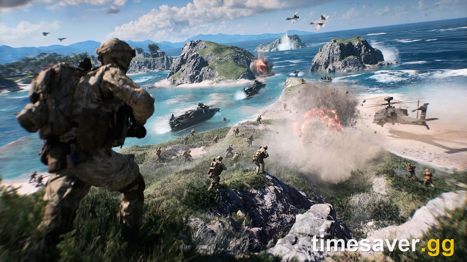 Battlefield 6 Season 4 Tsuru Reef screenshot showing a squad overlooking an island beach assault with landing craft and an attack helicopter