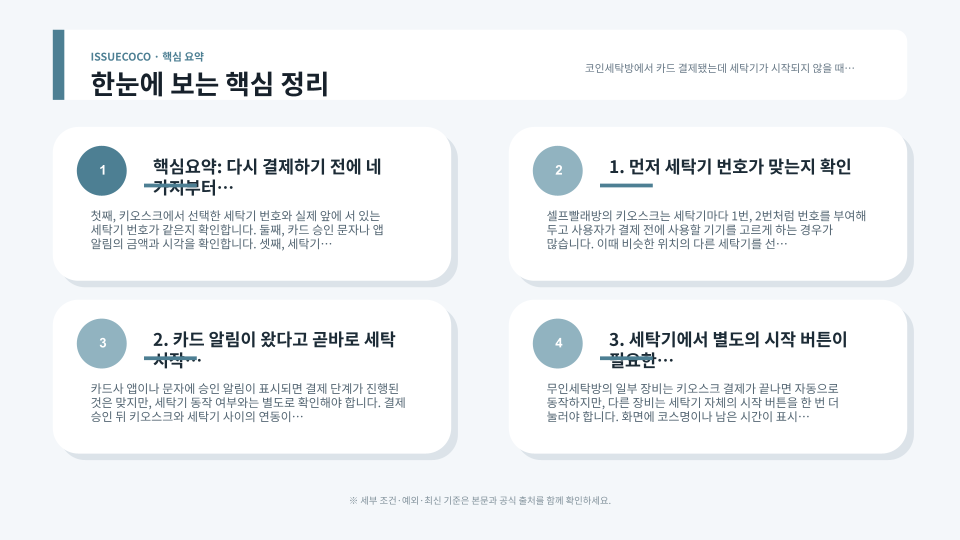 무인세탁방에서 결제승인부터 기기번호 선택, 시작버튼, 환불 여부까지 순서대로 점검하는 흐름