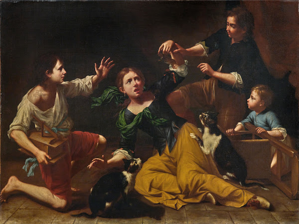 Children Playing With Cats And A Mouse
