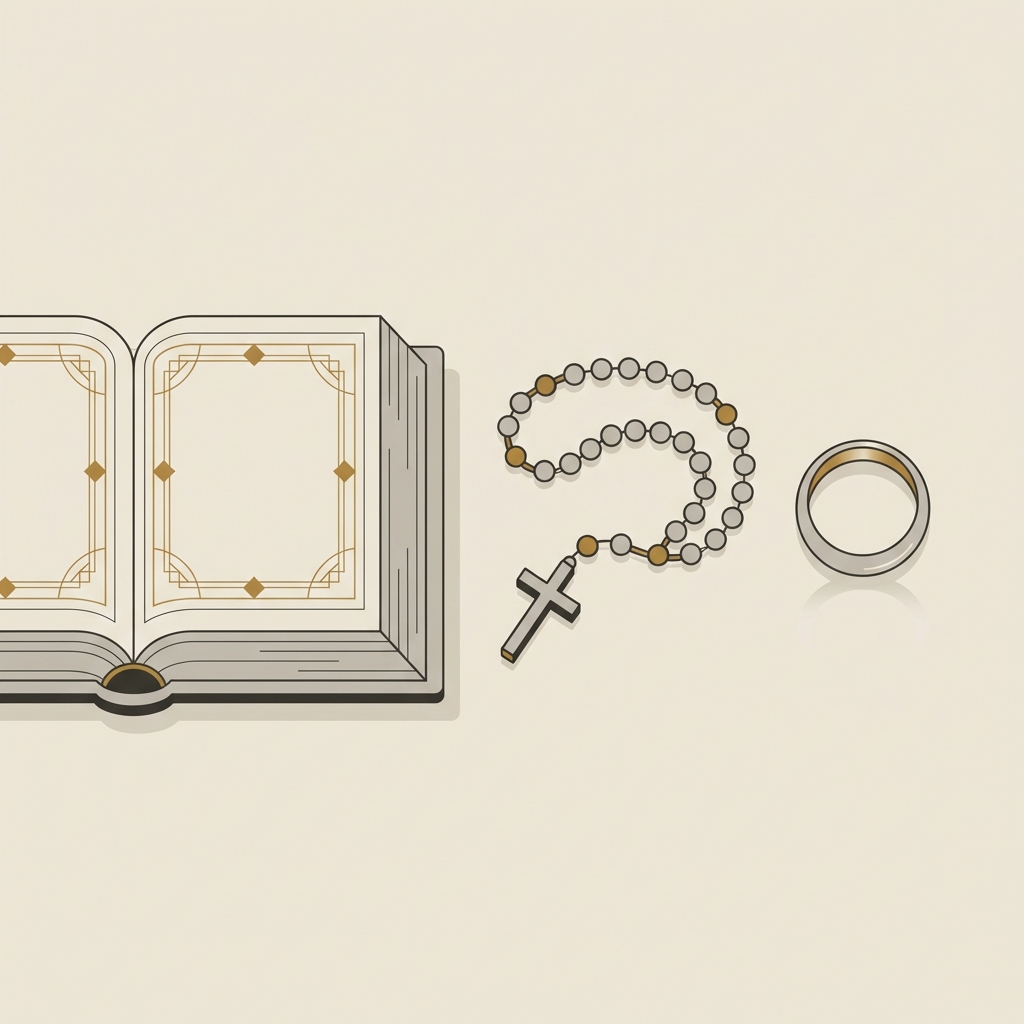 Minimal 2D vector of a liturgical book and rosary beside a simple wedding band on warm beige background illustrating ancient greek wedding bands ceremony detail