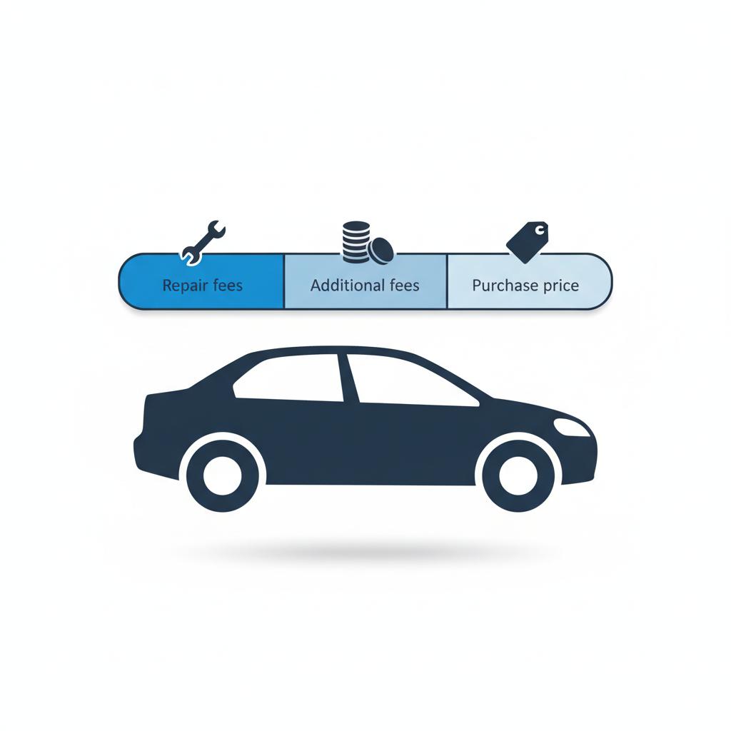 Minimalist vector of a car silhouette with a segmented cost calculator overlay showing repair fees additional fees and purchase price for repossessed cars for sale
