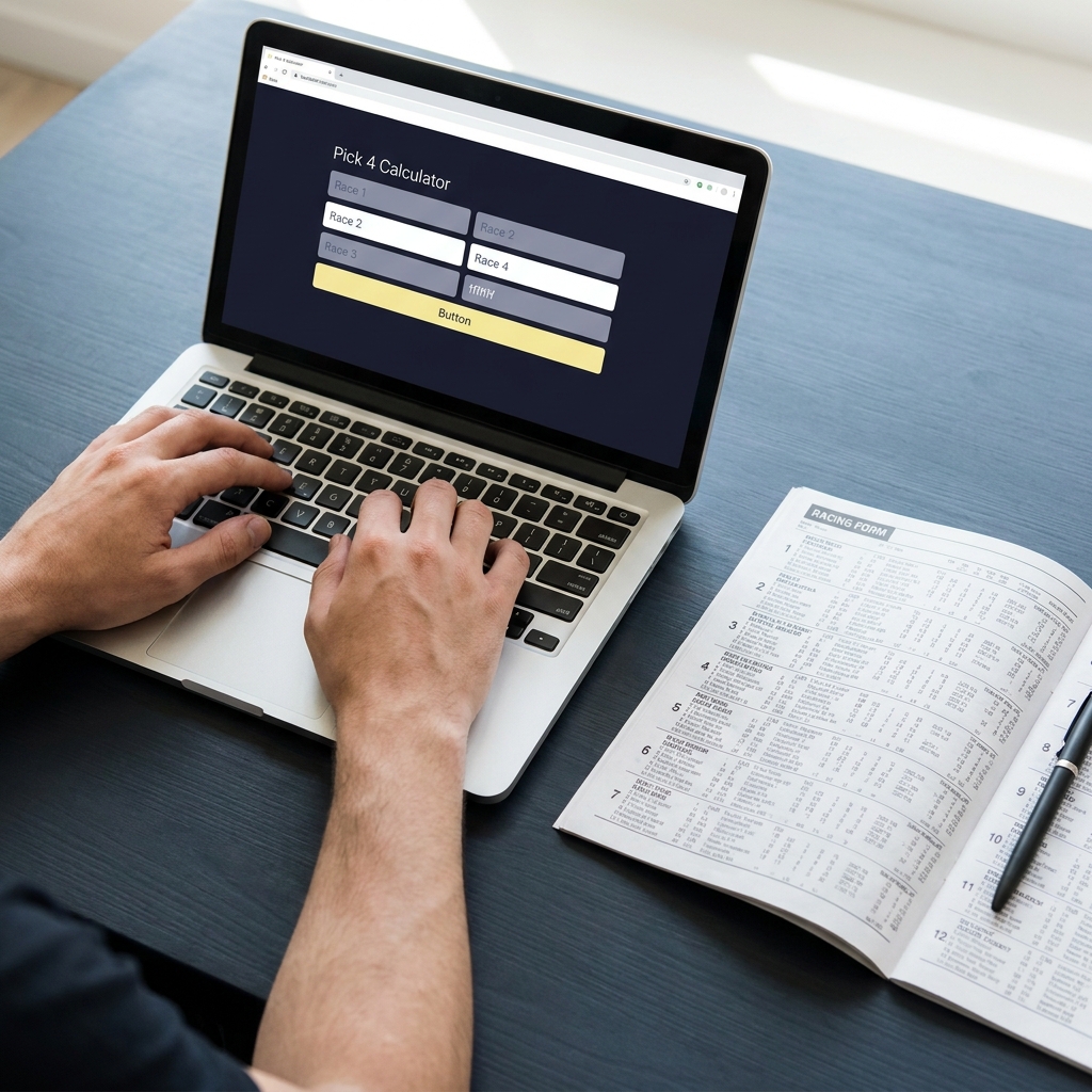 Overhead photo of a bettor using a laptop pick 4 calculator with a printed racing form beside them in natural light minimalist Funded Plays styled workspace