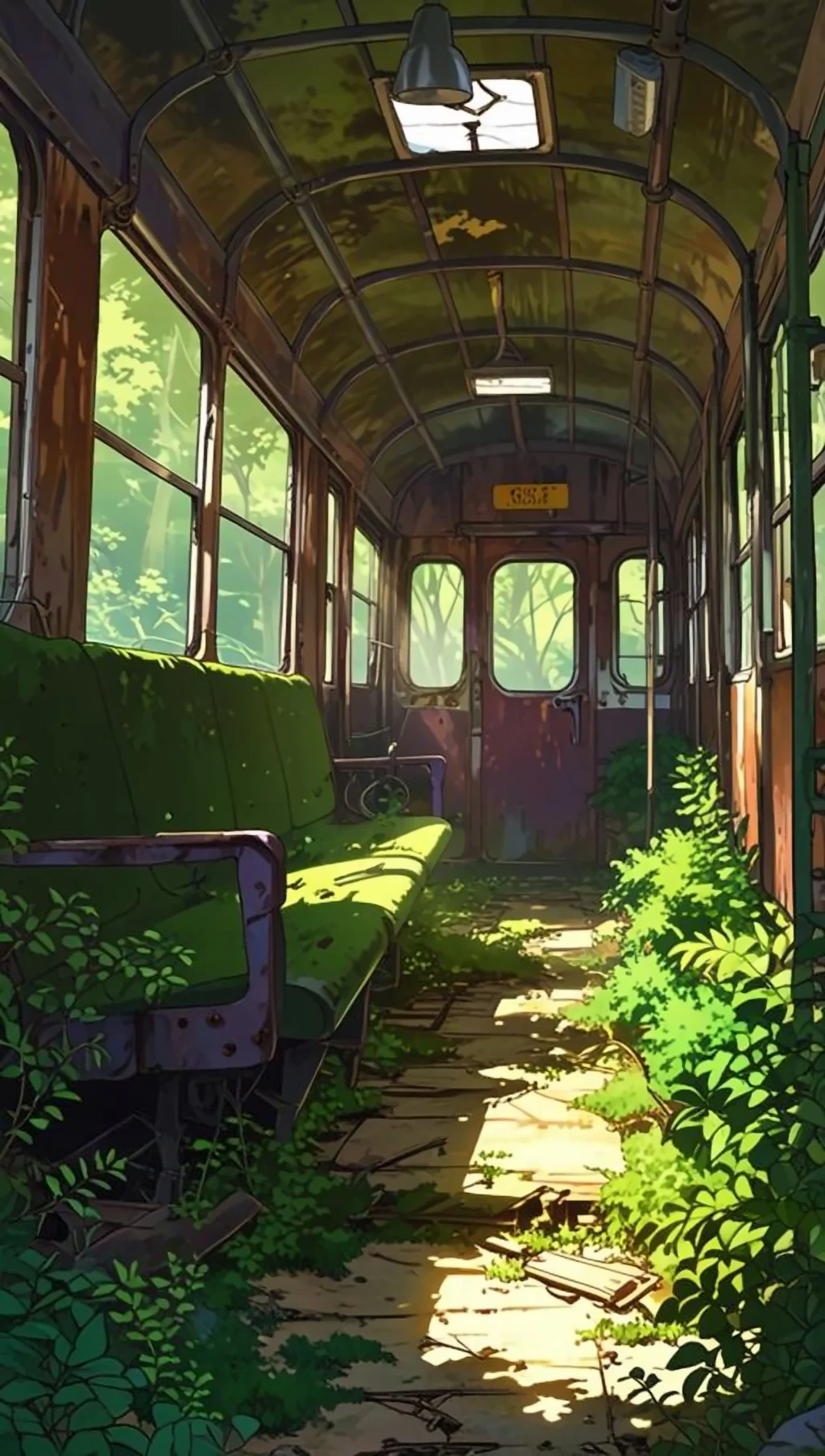 Abandoned Train Car Overgrown Anime Style Art - Free 4K mobile Wallpaper