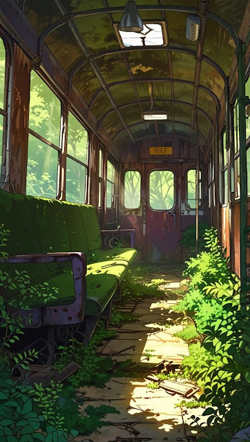 Abandoned Train Car Overgrown Anime Style Art - Free mobile Wallpaper