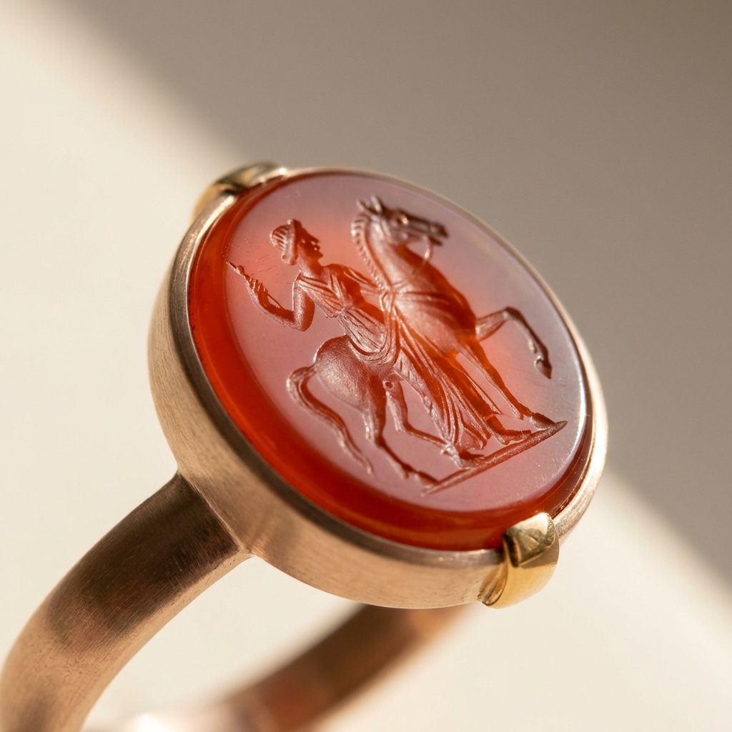 Macro closeup of recessed intaglio carving in carnelian showing incised lines and drill channels on neutral background roman intaglio ring