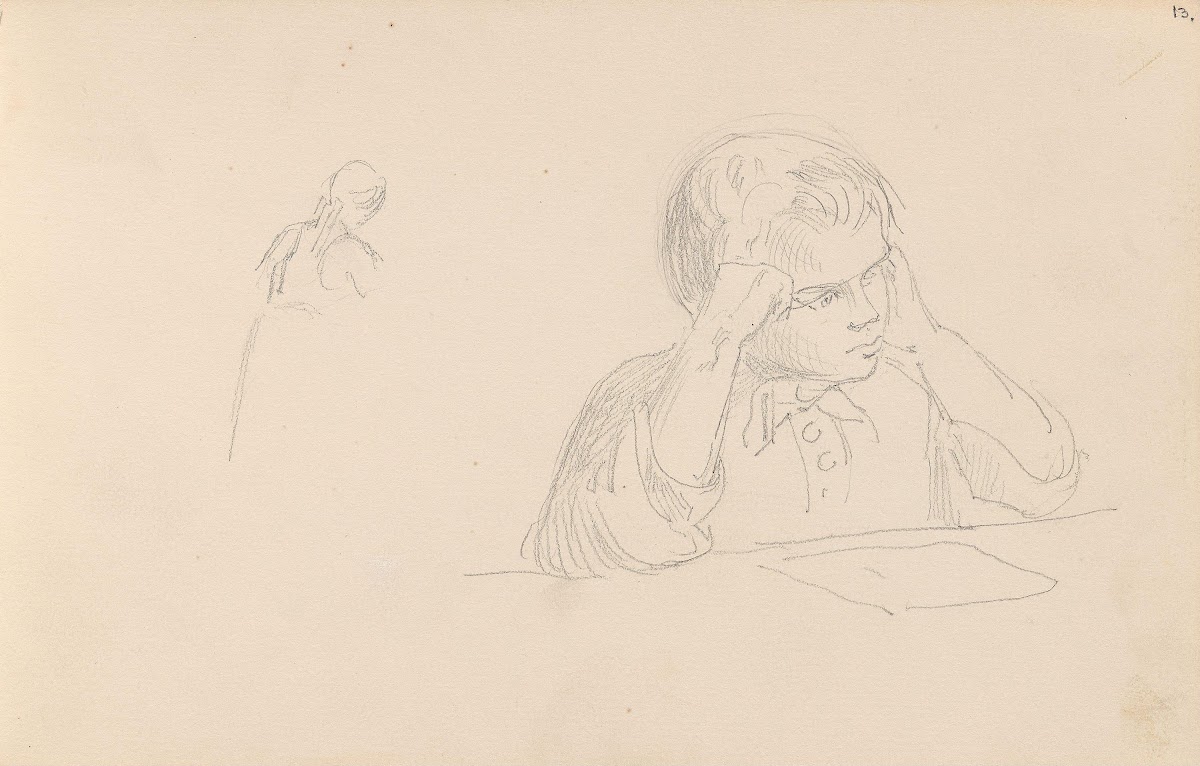 Riss av kvinnefigur lesende gutt between 1855   1857