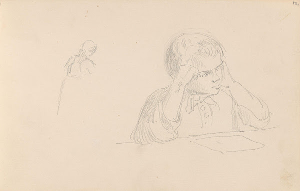 Riss av kvinnefigur lesende gutt between 1855   1857