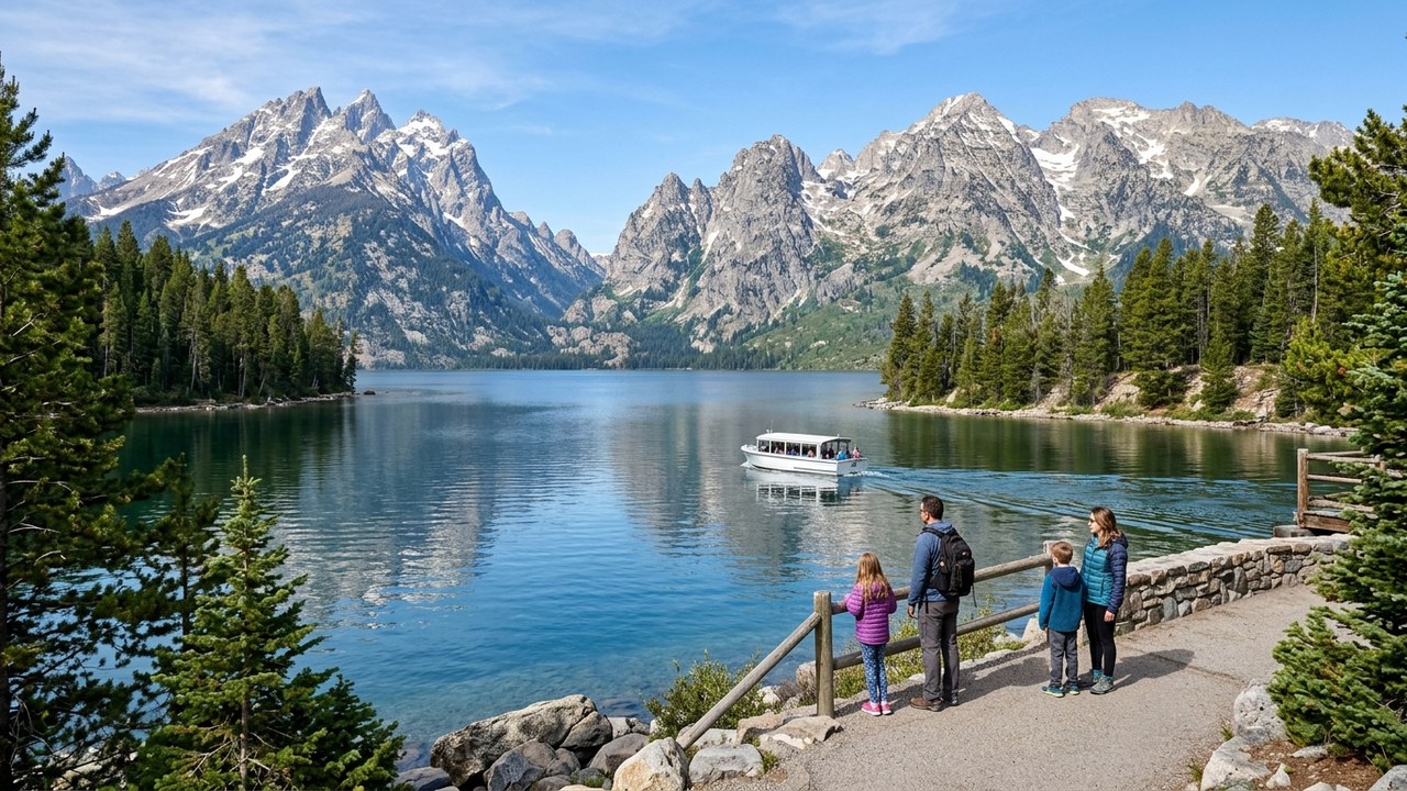 Jenny Lake with Grand Teton peaks reflection and family on shoreline