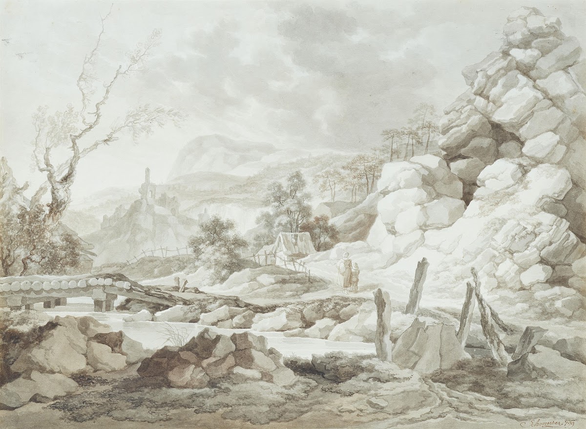 Gebirgsbach mit Brücke und Figuren 1799